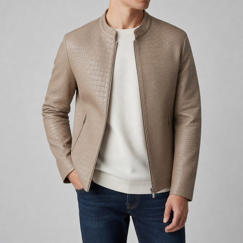 Ajaccio Croc Embossed Leather Jacket in Light Khaki
