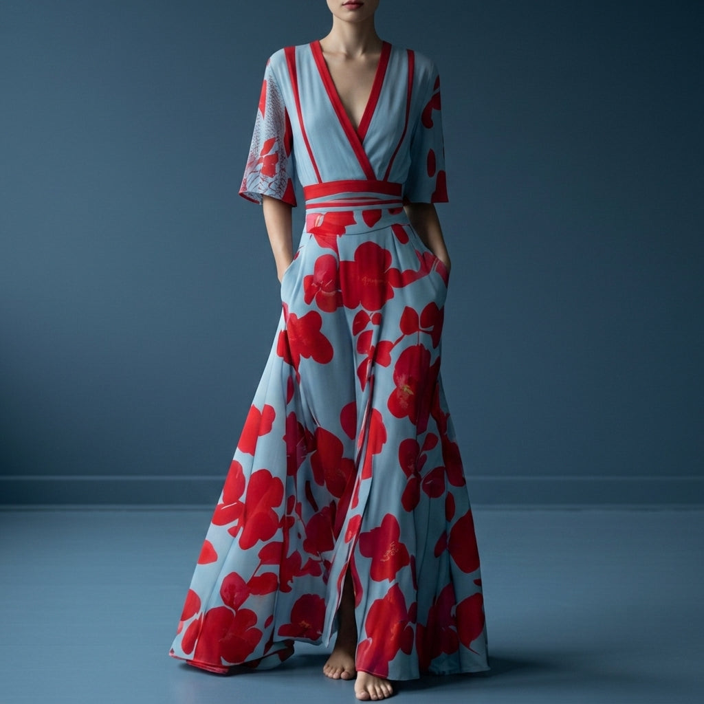 Light Blue / Red Floral