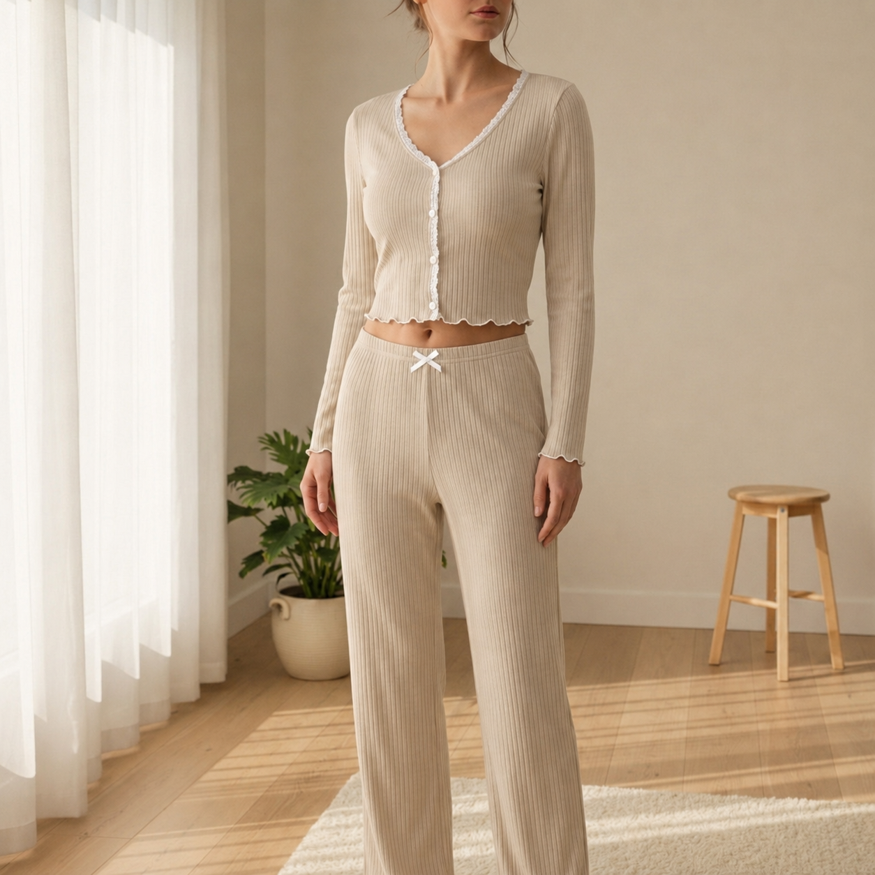 Sorrento Ribbed Lace Trim Pajama Set