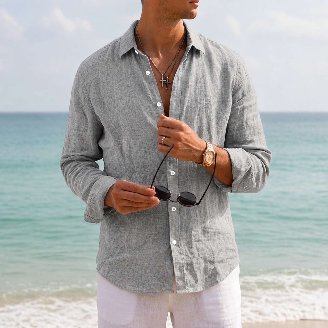 Biot Linen Open-Collar Shirt