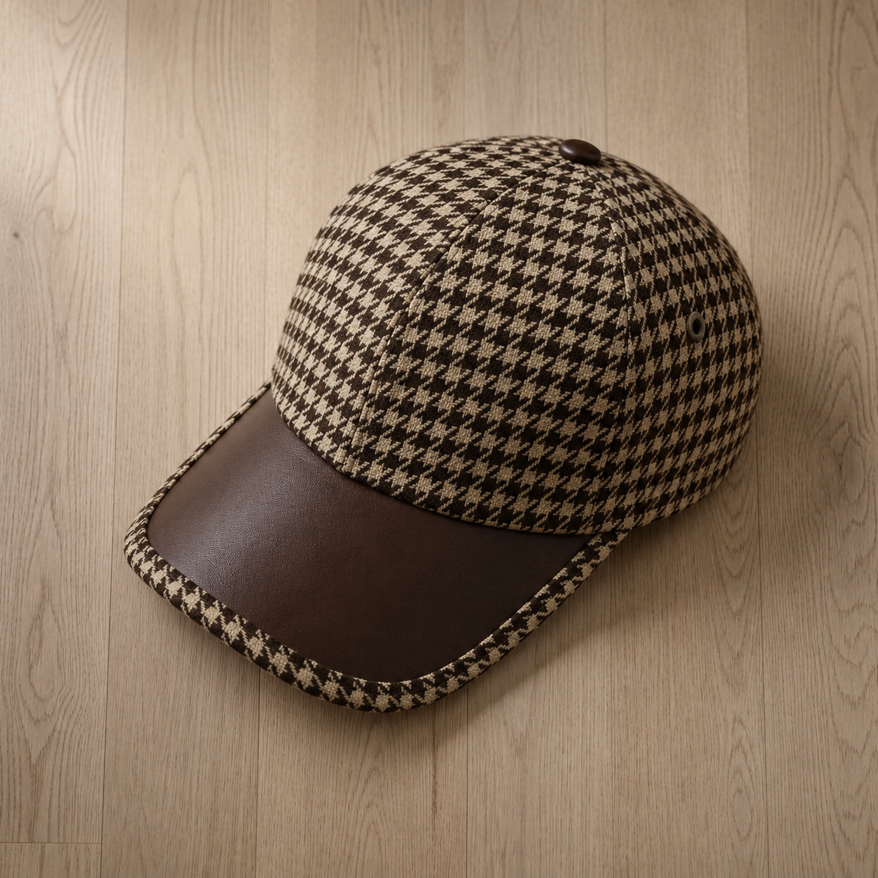 Elvas Houndstooth Leather Brim Cap