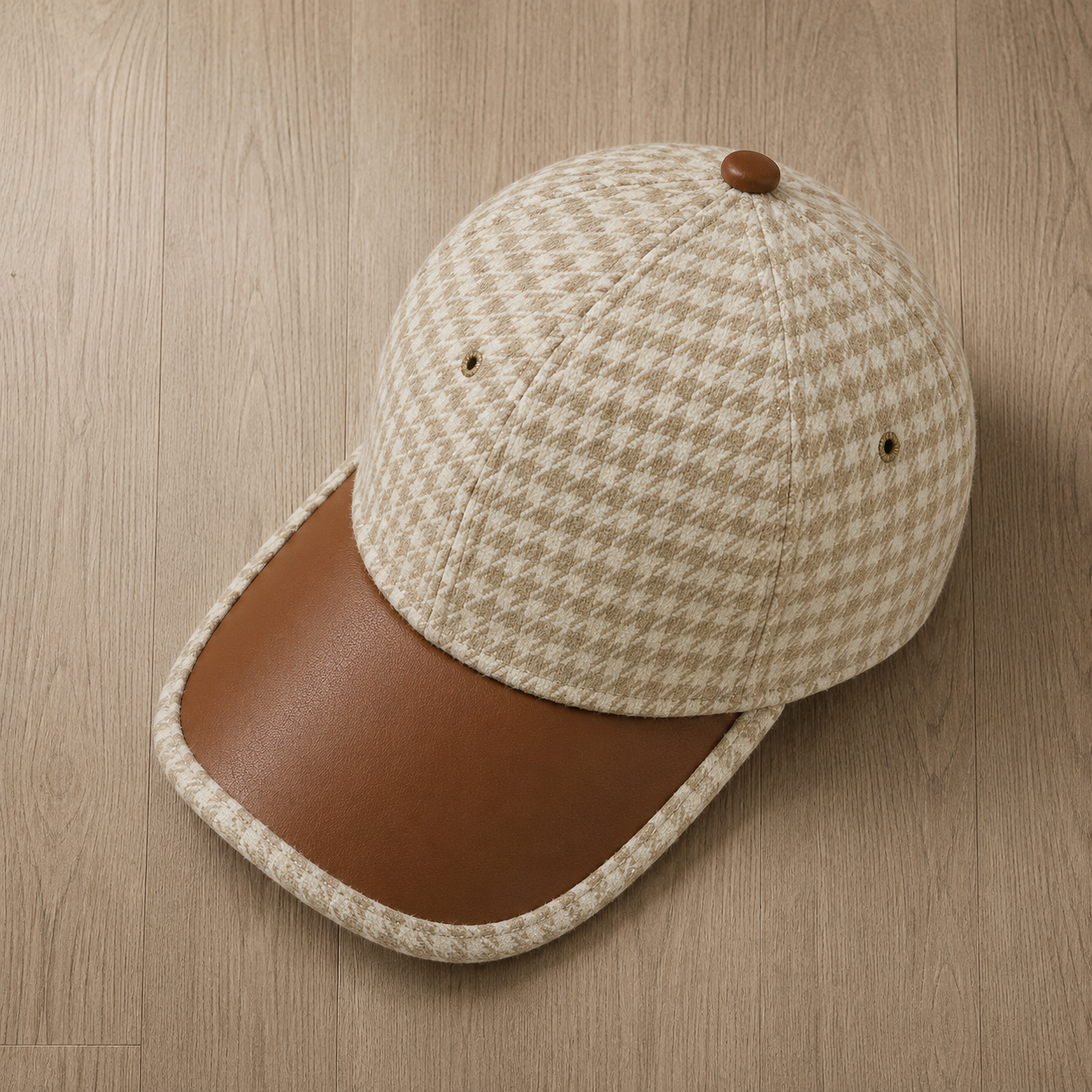 Elvas Houndstooth Leather Brim Cap